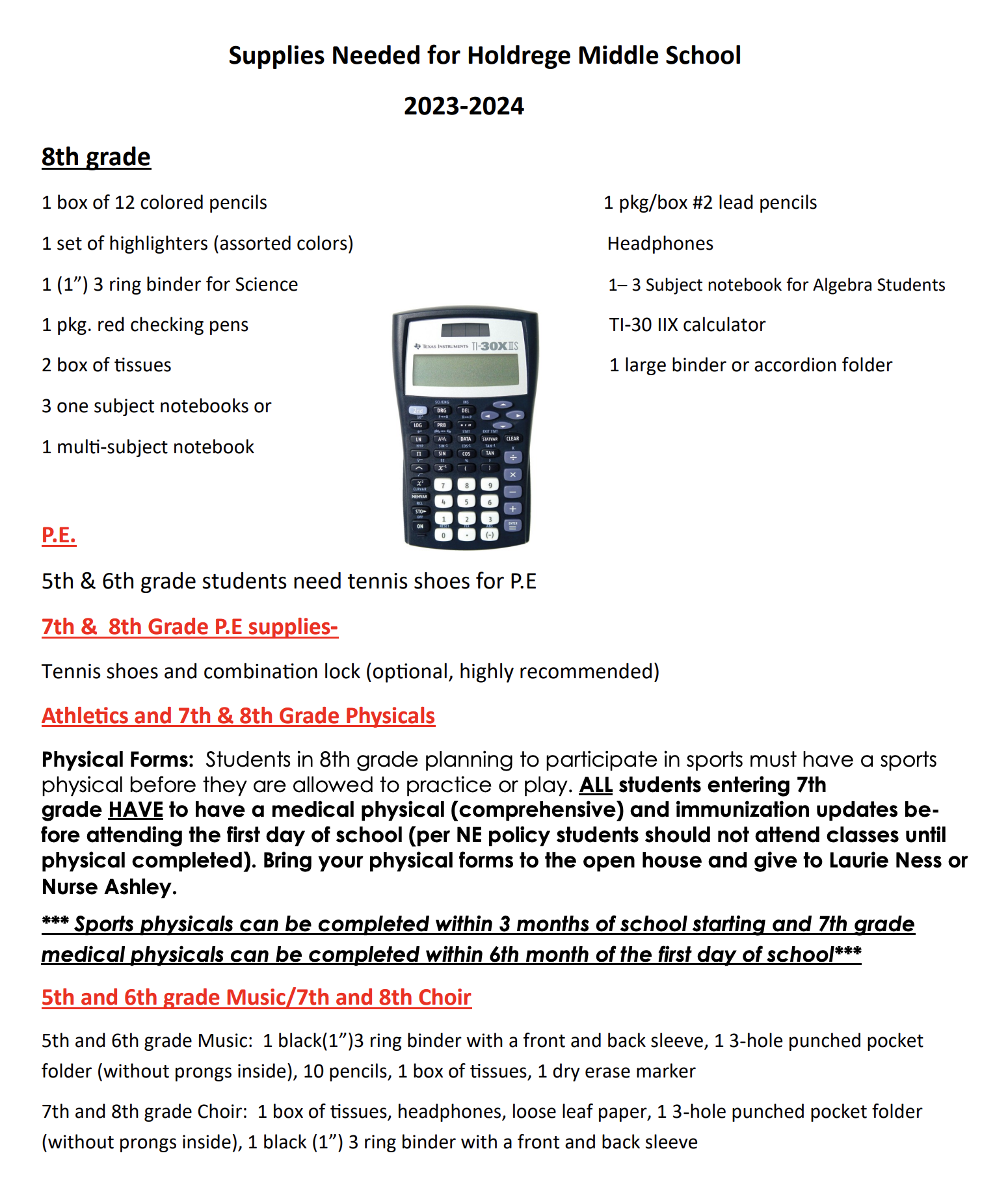 202324 Middle School Supplies Holdrege Public Schools