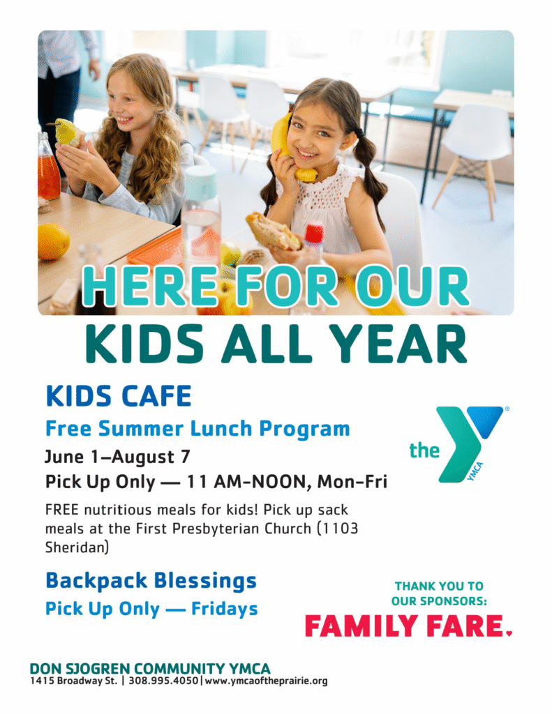 an image of a flyer for free summer lunch program run by the Y in Holdrege. June1-August7, 11 am-noon, Monday through Friday. Pick up sack meals at the First Presbyterian Church